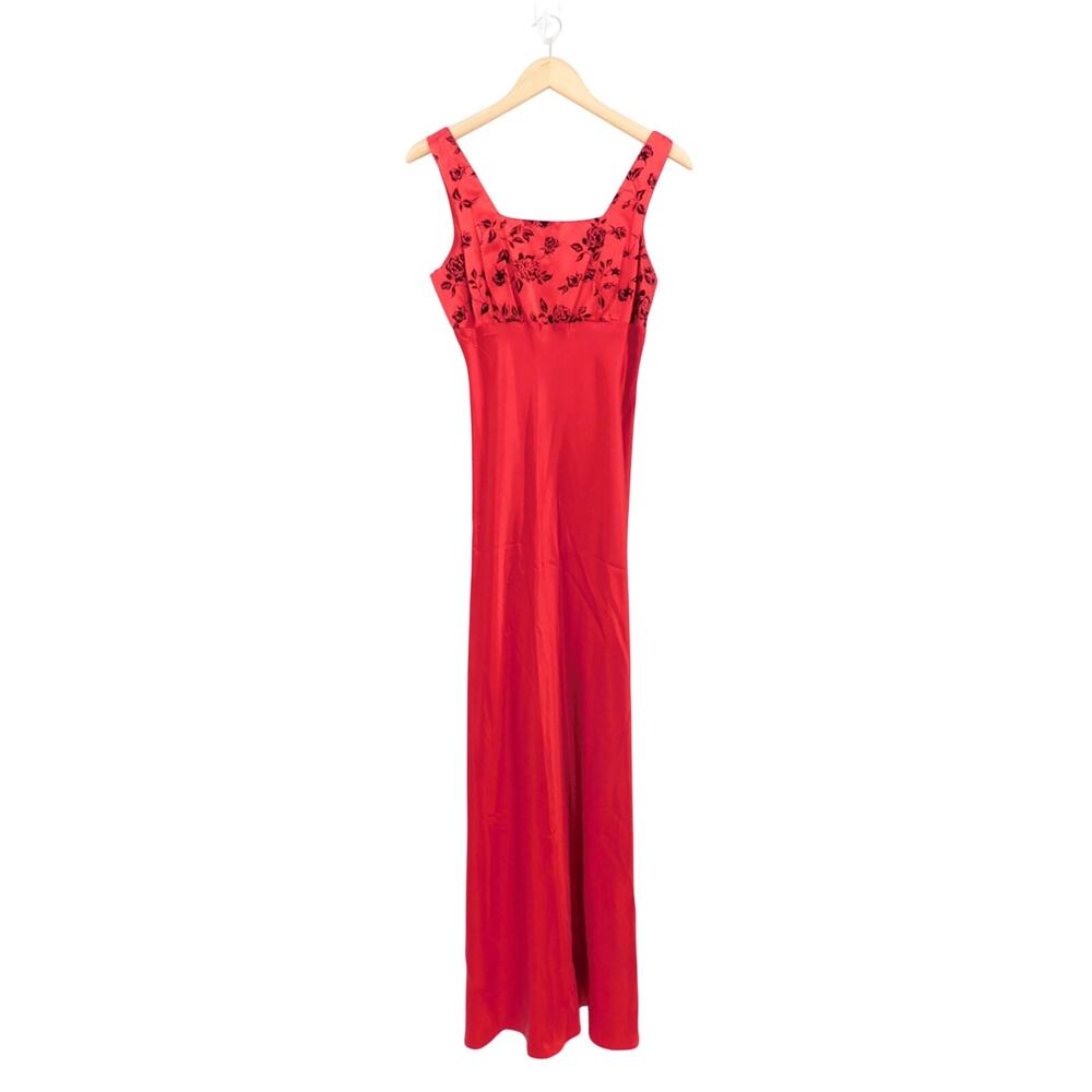 VTG Be Smart Red Floral‎ Print Slinky Stretch Maxi Dress Size 7/8 Darkromantic